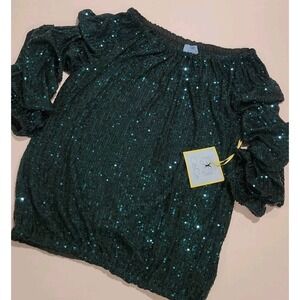 NWT CeCe Sequin Off Shoulder Blouse Sparkly Green sz M Ruched Sleeves Holiday